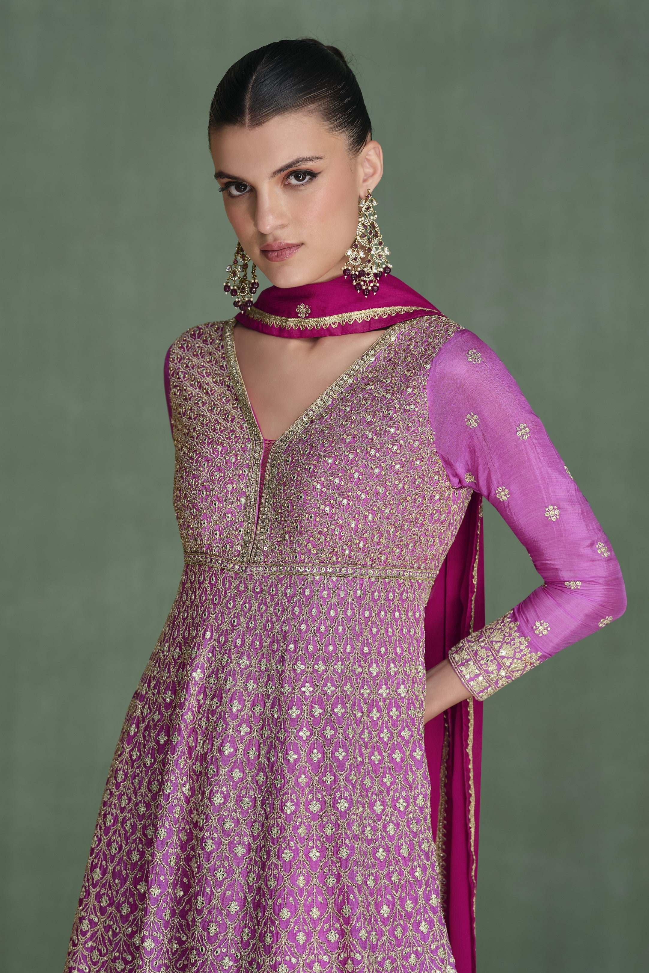 Pink Georgette Full Floor Length Dual Color Anarkali Gown With Dupatta For Indian Festivals & Weddings - Embroidery Work, Swarovski Work
