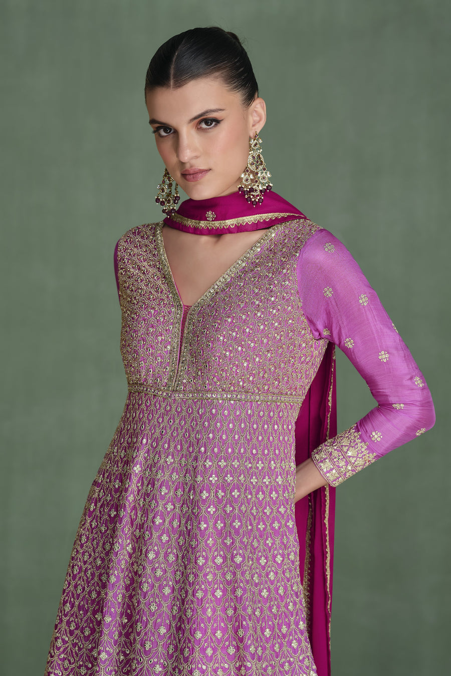 Pink Georgette Full Floor Length Dual Color Anarkali Gown With Dupatta For Indian Festivals & Weddings - Embroidery Work, Swarovski Work