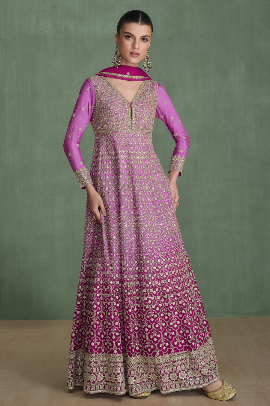 Pink Georgette Full Floor Length Dual Color Anarkali Gown With Dupatta For Indian Festivals & Weddings - Embroidery Work, Swarovski Work