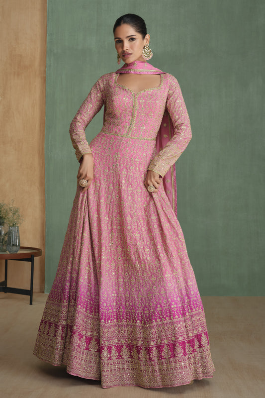 Baby Pink Georgette Full Floor Length Dual Color Anarkali Gown With Dupatta For Indian Festivals & Weddings - Embroidery Work, Swarovski Work