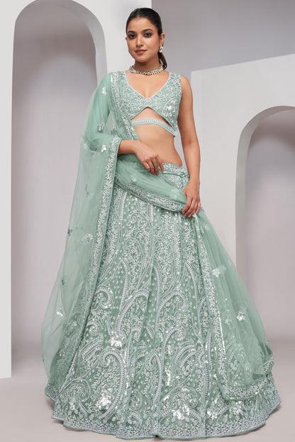 Mint Green Soft Net Lehenga Choli For Indian Festivals & Weddings - Sequins Work, Thread Work