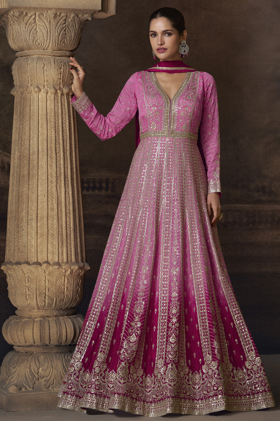 light pink Chinon Silk Long Anarkali Suit For Indian Festivals & Pakistani Weddings Dress - Embroidery Work