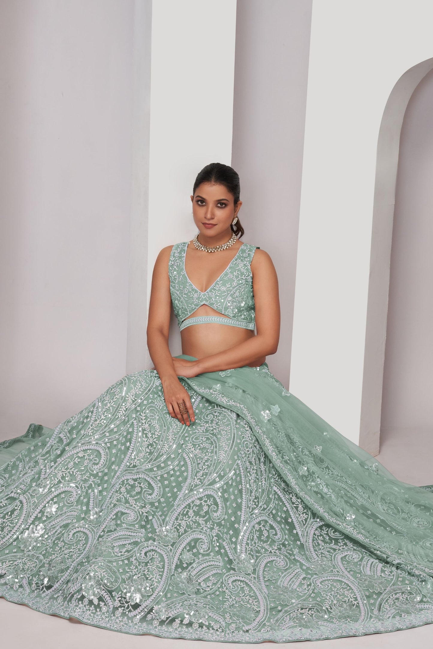 Mint Green Soft Net Lehenga Choli For Indian Festivals & Weddings - Sequins Work, Thread Work