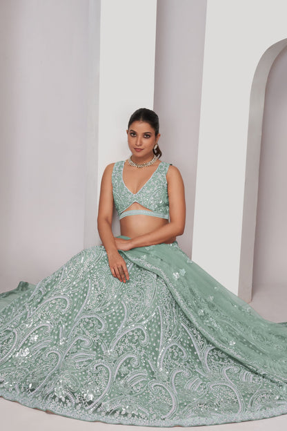 Mint Green Soft Net Lehenga Choli For Indian Festivals & Weddings - Sequins Work, Thread Work