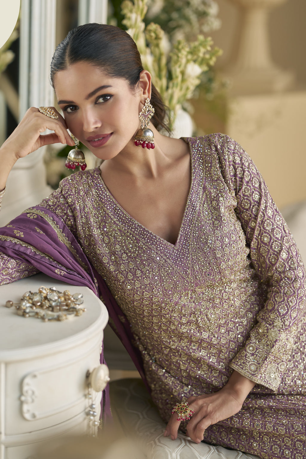 Purple Georgette Palazzo Suit For Indian & Pakistani Wedding Festival - Embroidery Work, Swarovski Work