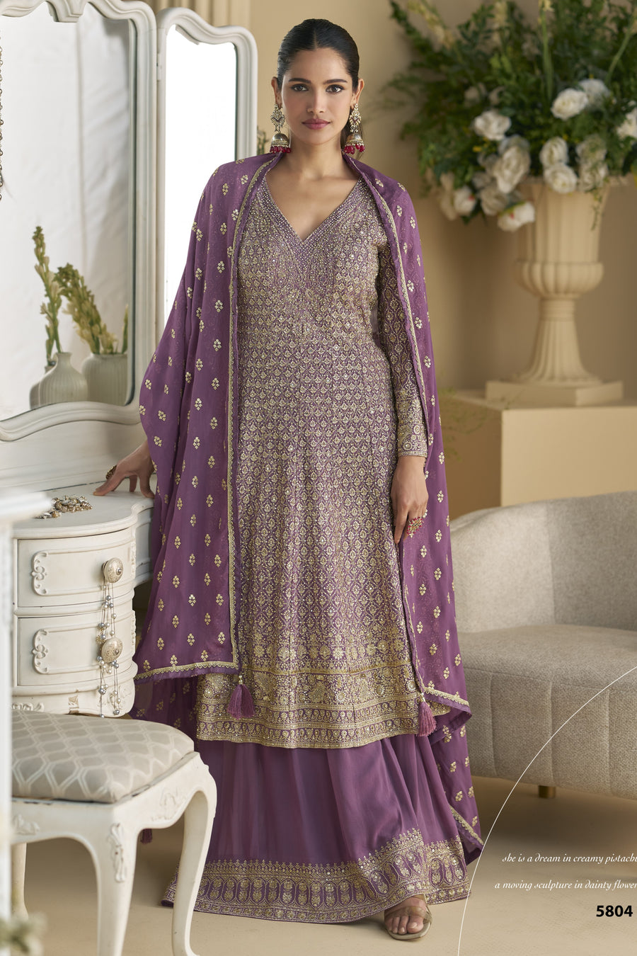 Purple Georgette Palazzo Suit For Indian & Pakistani Wedding Festival - Embroidery Work, Swarovski Work