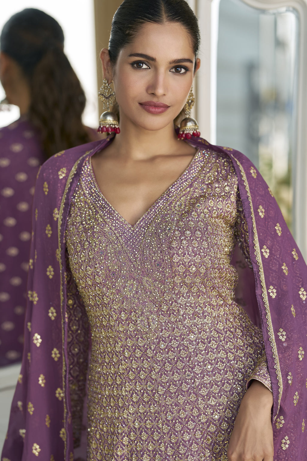 Purple Georgette Palazzo Suit For Indian & Pakistani Wedding Festival - Embroidery Work, Swarovski Work