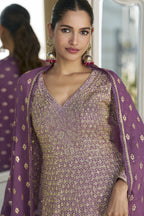 Purple Georgette Palazzo Suit For Indian & Pakistani Wedding Festival - Embroidery Work, Swarovski Work