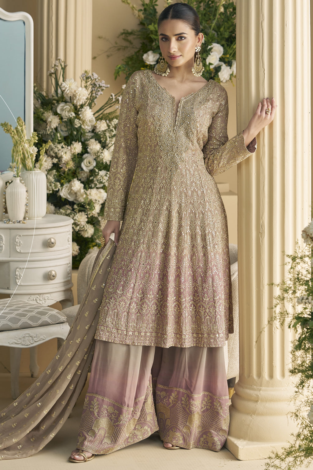 Beige Georgette Palazzo Suit For Indian & Pakistani Wedding Festival - Embroidery Work, Swarovski Work