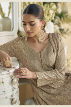 Beige Georgette Palazzo Suit For Indian & Pakistani Wedding Festival - Embroidery Work, Swarovski Work