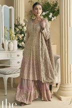 Beige Georgette Palazzo Suit For Indian & Pakistani Wedding Festival - Embroidery Work, Swarovski Work