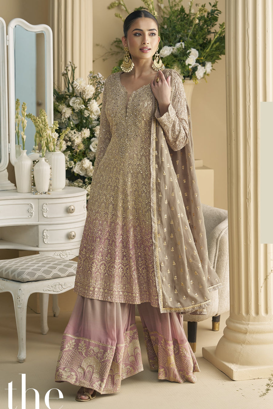 Beige Georgette Palazzo Suit For Indian & Pakistani Wedding Festival - Embroidery Work, Swarovski Work
