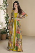 Olive  Georgette Anarkali Suit With Long Jacket For Indian & Pakistani Wedding Festival - Thread Embroidery Work, Print Work