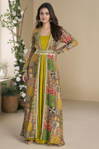 Olive  Georgette Anarkali Suit With Long Jacket For Indian & Pakistani Wedding Festival - Thread Embroidery Work, Print Work