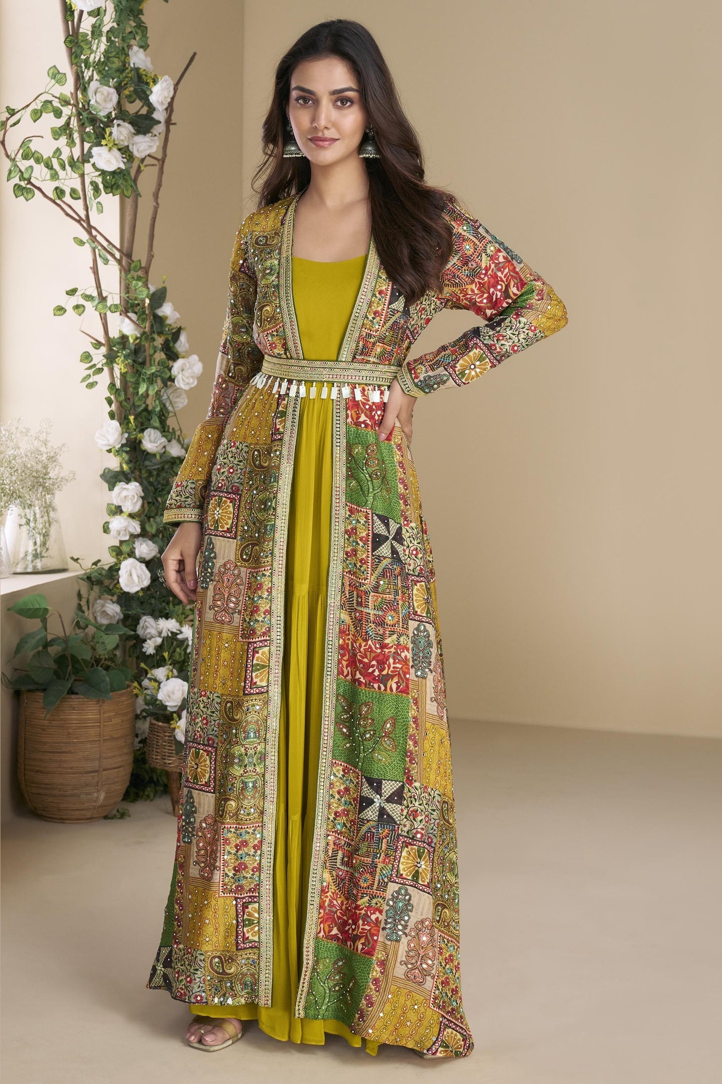 Olive  Georgette Anarkali Suit With Long Jacket For Indian & Pakistani Wedding Festival - Thread Embroidery Work, Print Work
