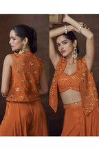 Orange Chinon Silk Palazo Choli With Jacket For Indian & Pakistani Wedding Festival - Thread Embroidery Work, Mirror Work