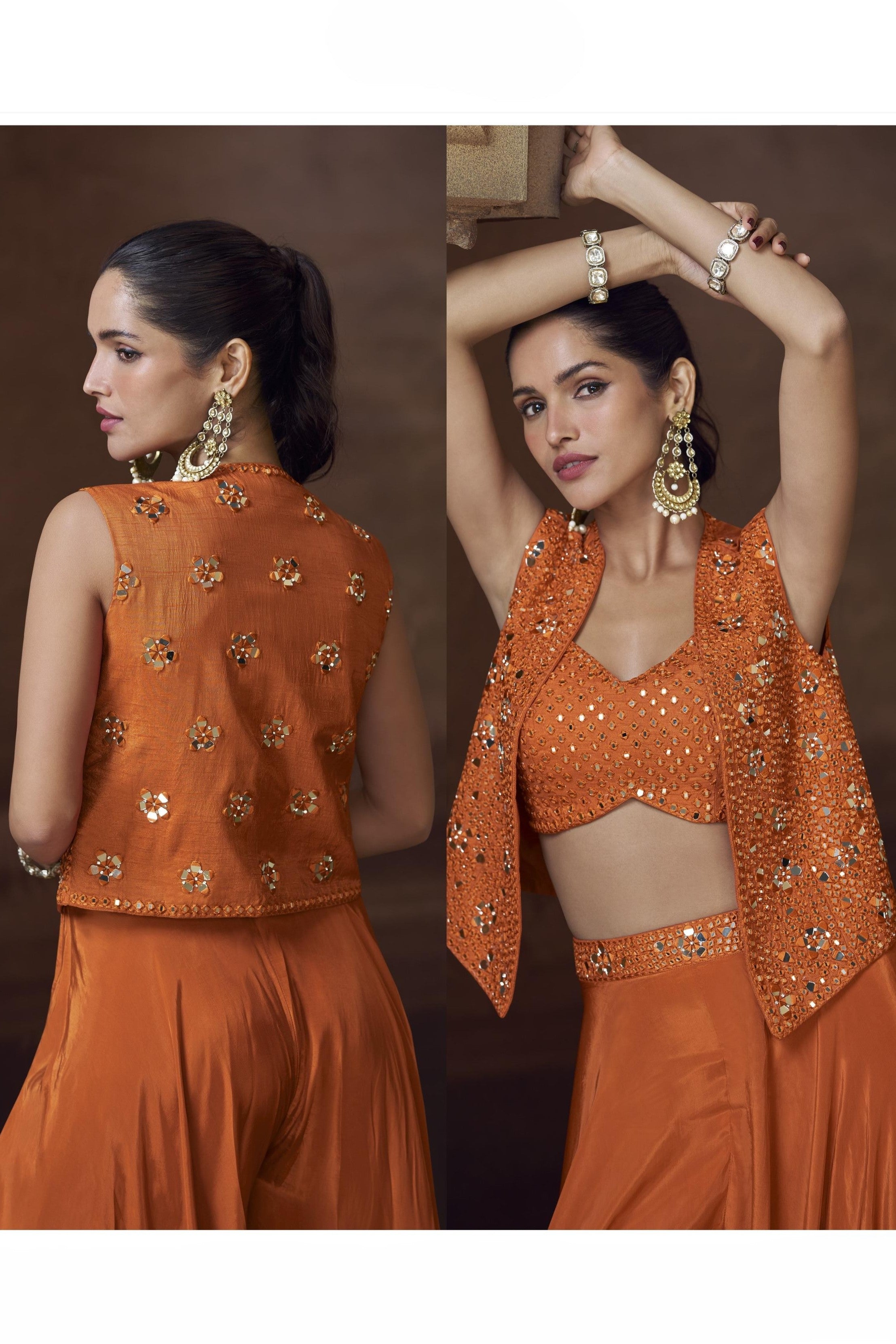 Orange Chinon Silk Palazo Choli With Jacket For Indian & Pakistani Wedding Festival - Thread Embroidery Work, Mirror Work