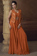 Orange Chinon Silk Palazo Choli With Jacket For Indian & Pakistani Wedding Festival - Thread Embroidery Work, Mirror Work