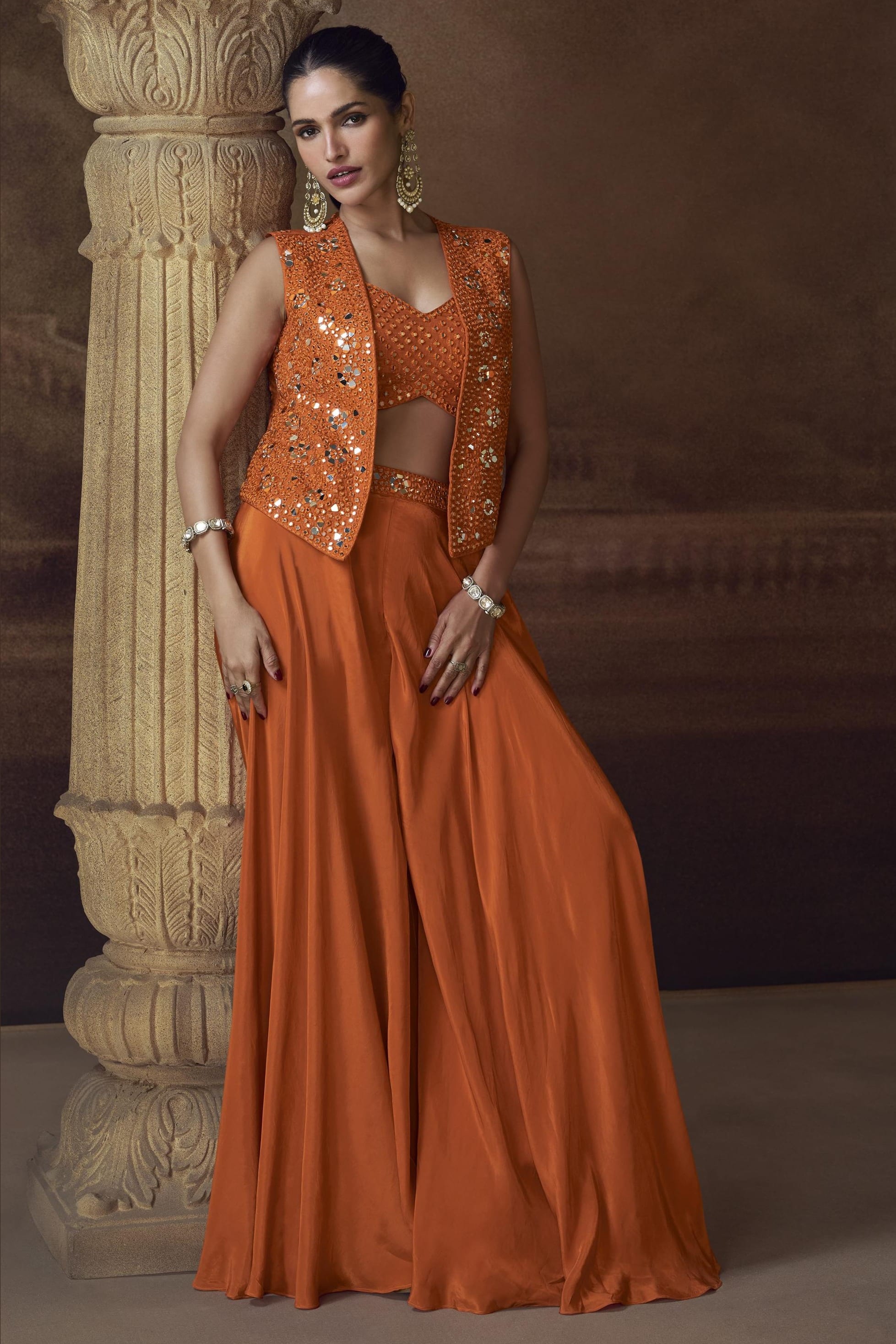 Orange Chinon Silk Palazo Choli With Jacket For Indian & Pakistani Wedding Festival - Thread Embroidery Work, Mirror Work