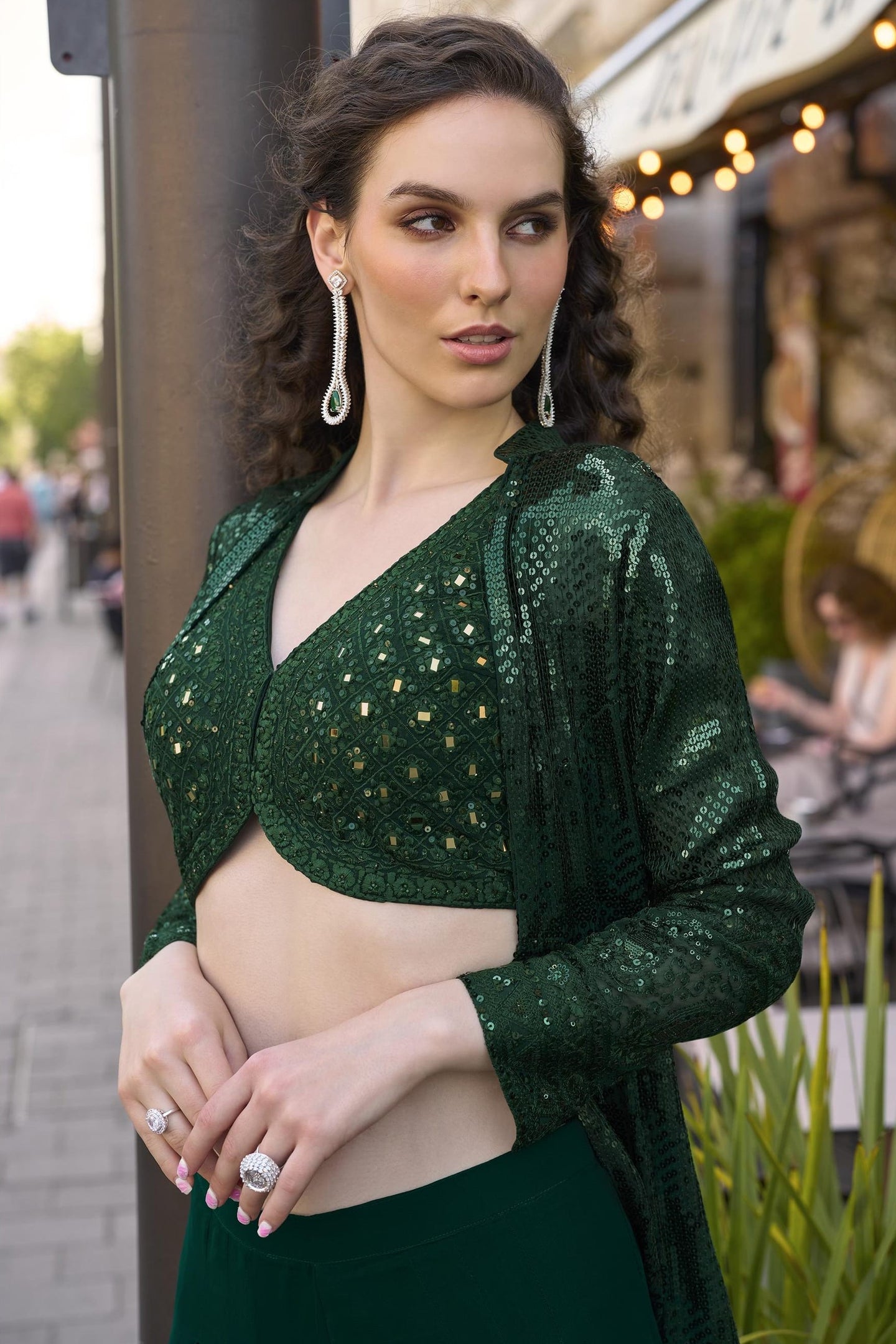 Green Georgette Plazo Choli With Jacket For Indian & Pakistani Wedding Festival - Thread & Sequins Embroidery Work