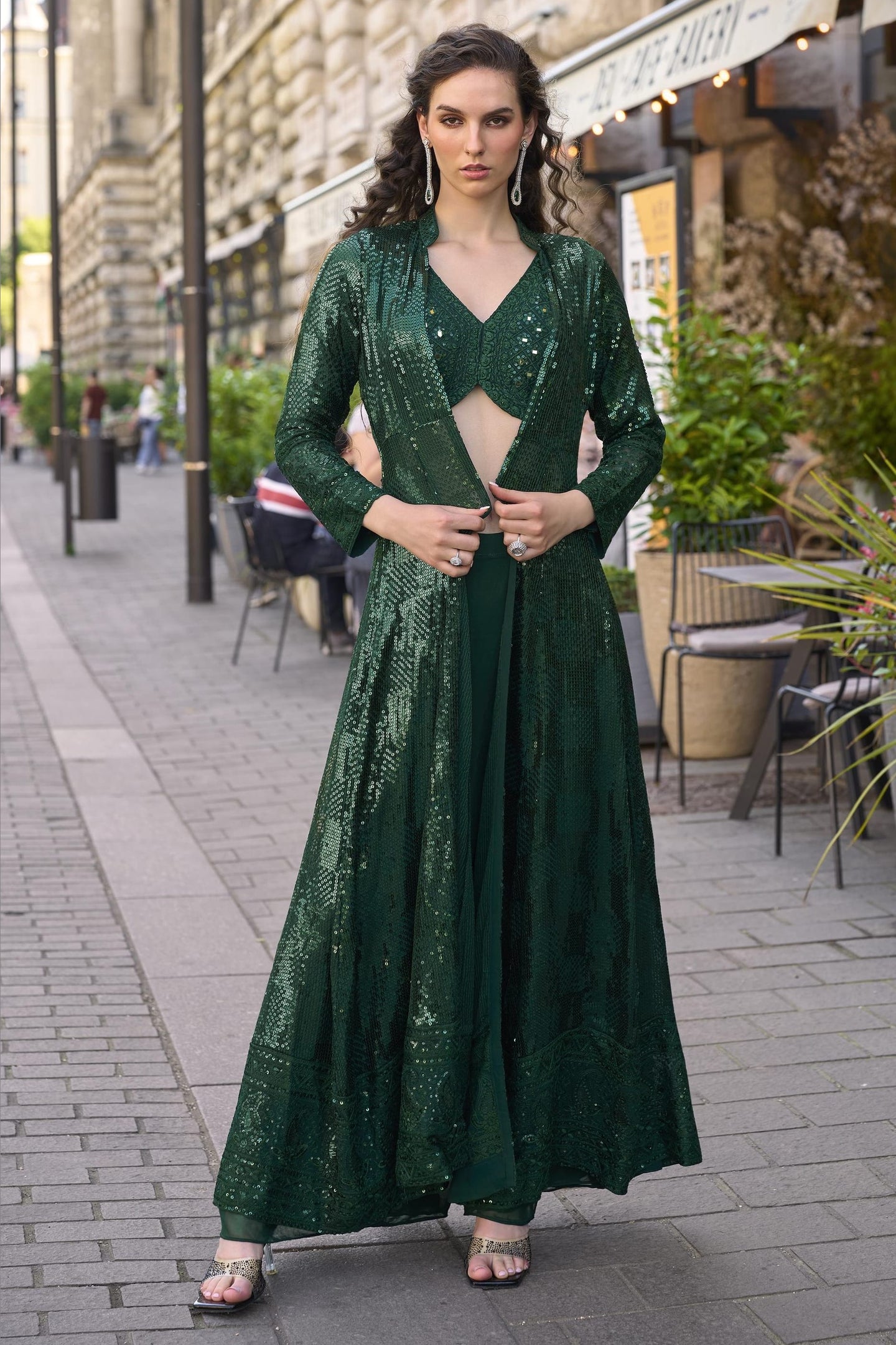 Green Georgette Plazo Choli With Jacket For Indian & Pakistani Wedding Festival - Thread & Sequins Embroidery Work