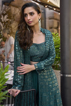 Bottle Green Georgette Plazo Choli With Jacket For Indian & Pakistani Wedding Festival - Thread & Sequins Embroidery Work