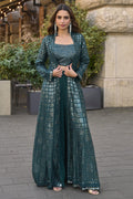 Bottle Green Georgette Plazo Choli With Jacket For Indian & Pakistani Wedding Festival - Thread & Sequins Embroidery Work