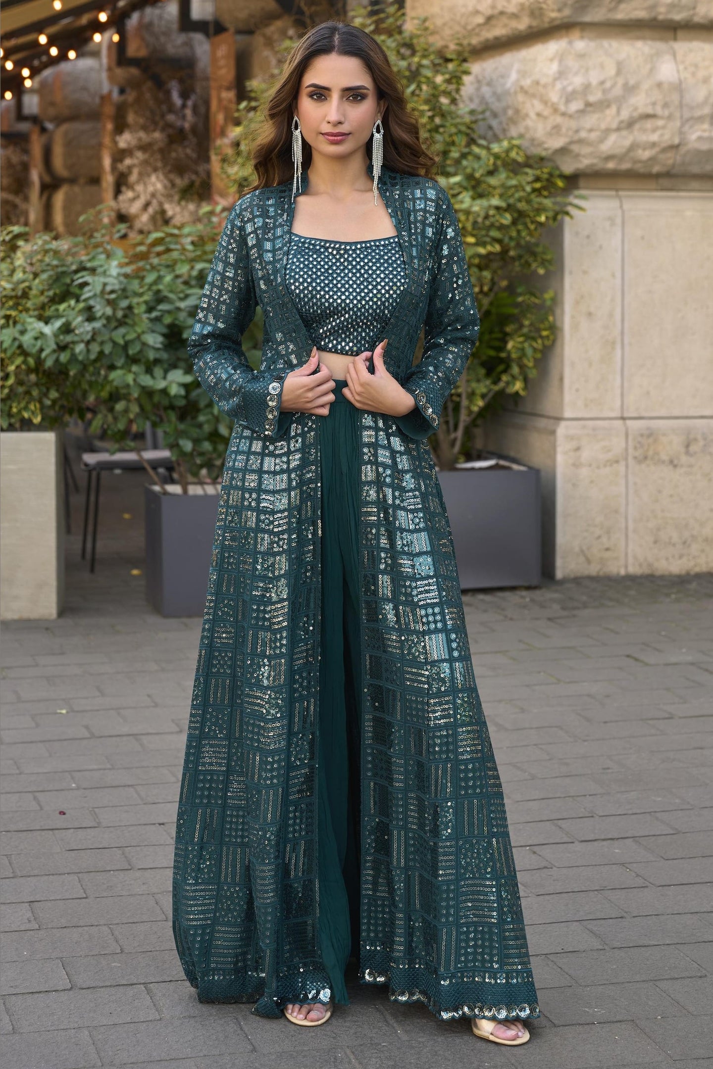 Bottle Green Georgette Plazo Choli With Jacket For Indian & Pakistani Wedding Festival - Thread & Sequins Embroidery Work