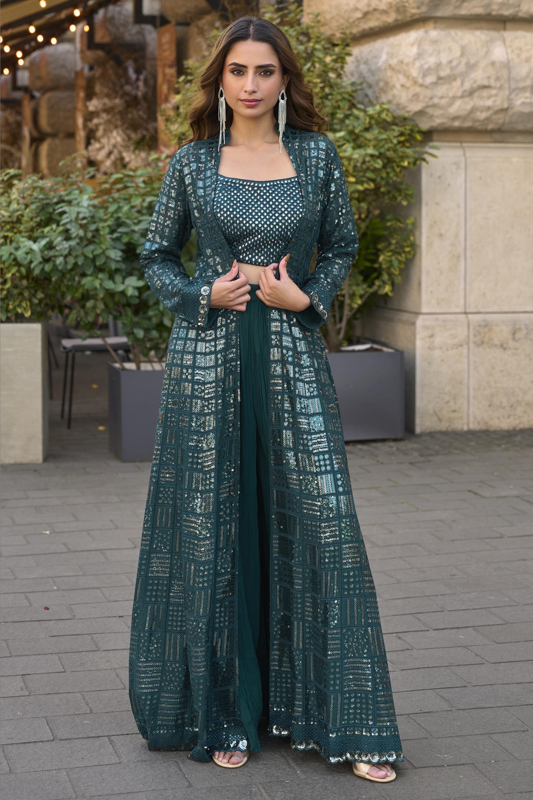 Bottle Green Georgette Plazo Choli With Jacket For Indian & Pakistani Wedding Festival - Thread & Sequins Embroidery Work