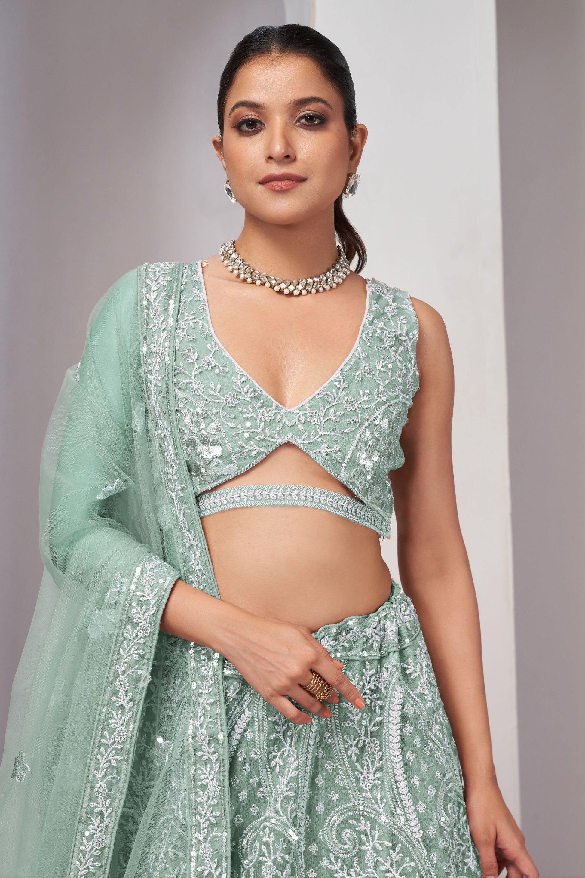 Mint Green Soft Net Lehenga Choli For Indian Festivals & Weddings - Sequins Work, Thread Work