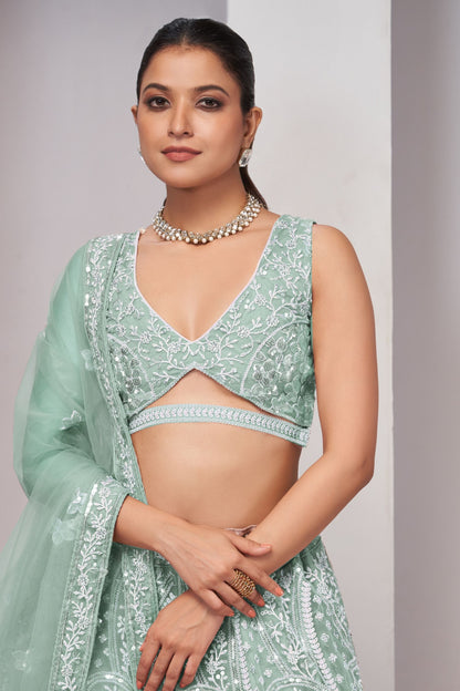 Mint Green Soft Net Lehenga Choli For Indian Festivals & Weddings - Sequins Work, Thread Work