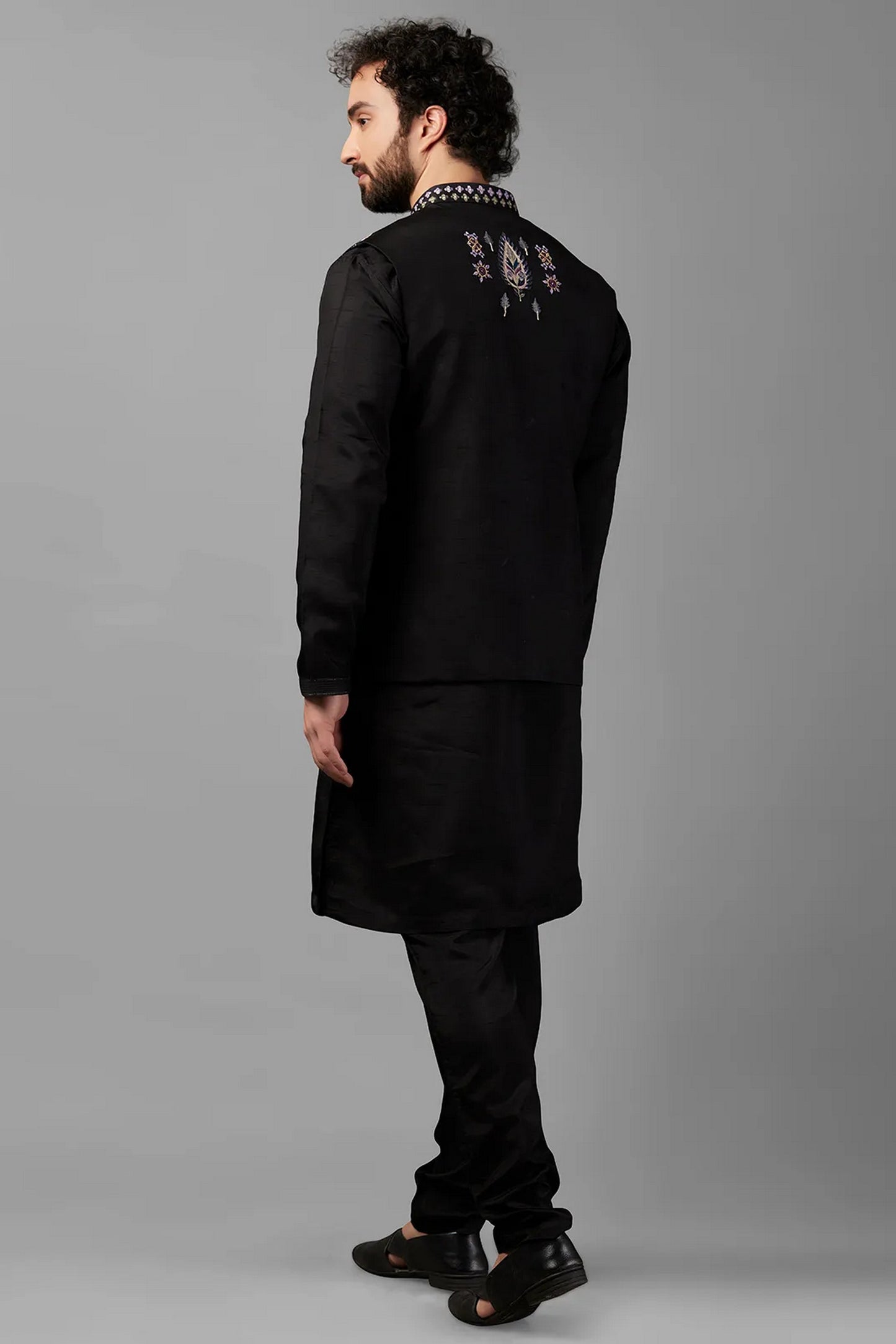 Black Silk Men's Wedding Suit Waistcoat with Kurta & Pant - Embroidery Work