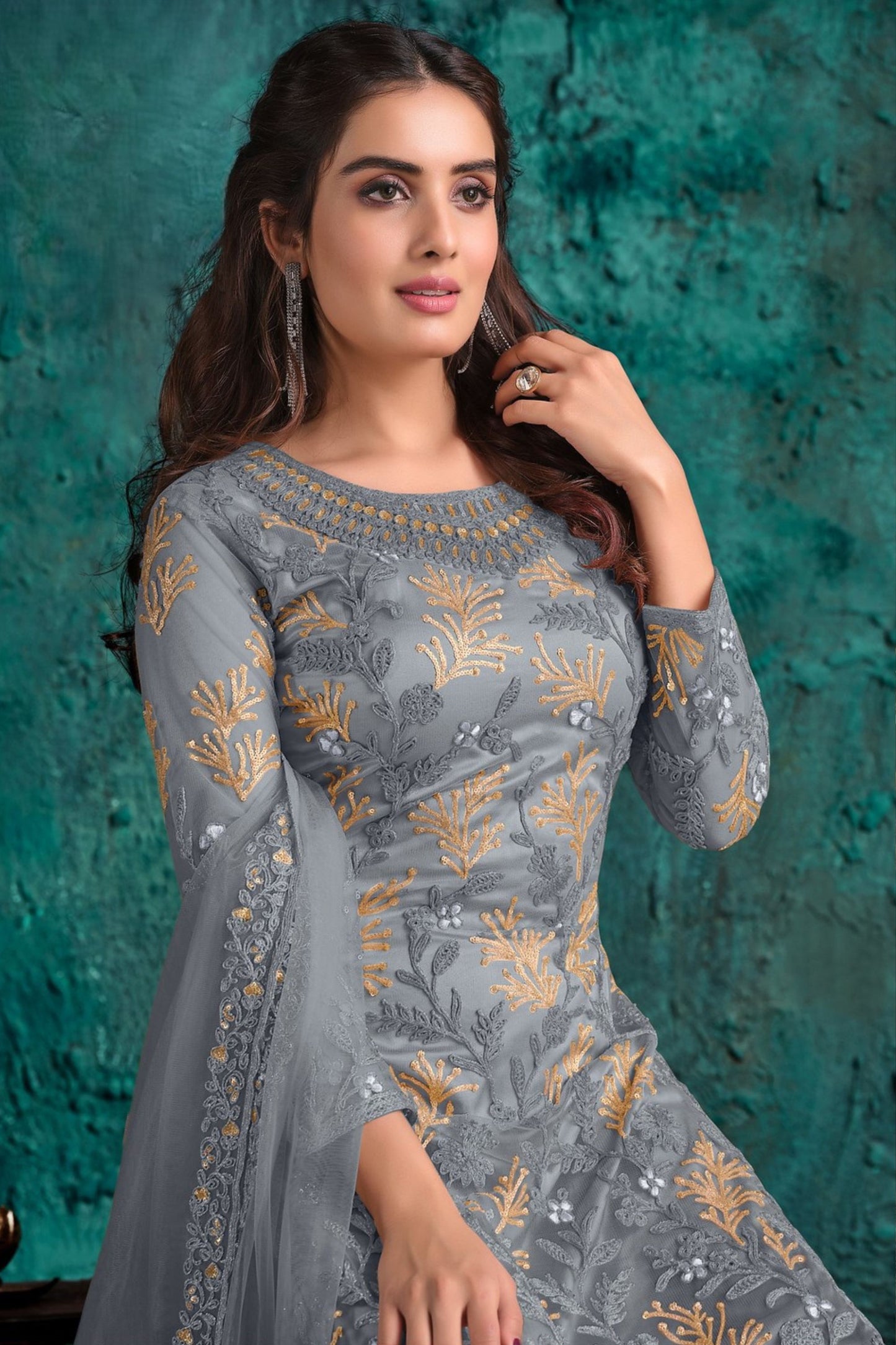 Gray Net Kameez with Plazzo And Dupatta For Indian Suit Festivals & Pakistani Weddings -Thread Embroidery Work, Sequence Embroidery Work