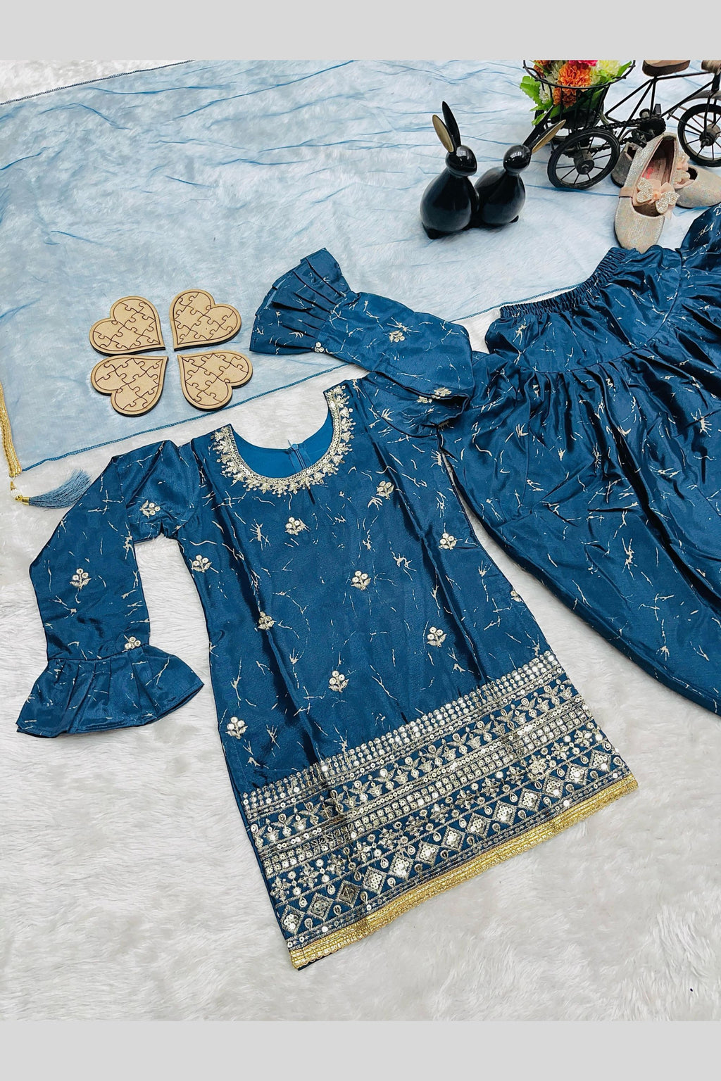 Teal Chinon Silk Kids Wear Girls Dhoti Style Salwar with Kameez & Dupatta Suit for Kids for Festivals & Wedding - Sequence Embroidery Work, Print Work