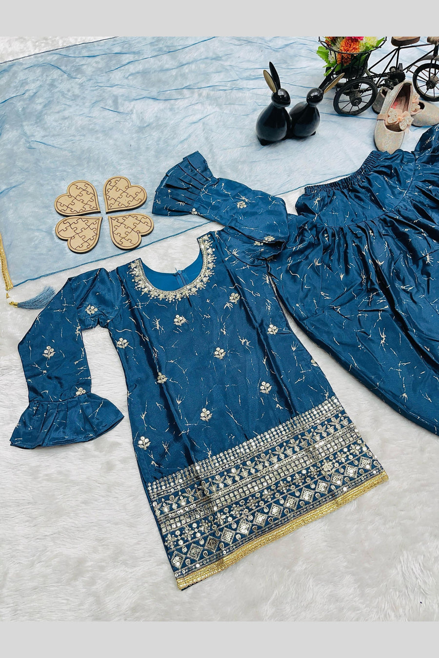 Teal Chinon Silk Kids Wear Girls Dhoti Style Salwar with Kameez & Dupatta Suit for Kids for Festivals & Wedding - Sequence Embroidery Work, Print Work