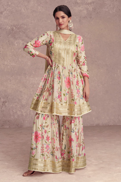 Light Yellow Chinon Silk Flower Floral Printed Sharara Gharara Suit For Indian Festivals & Pakistani Weddings - Embroidery Work, Print Work