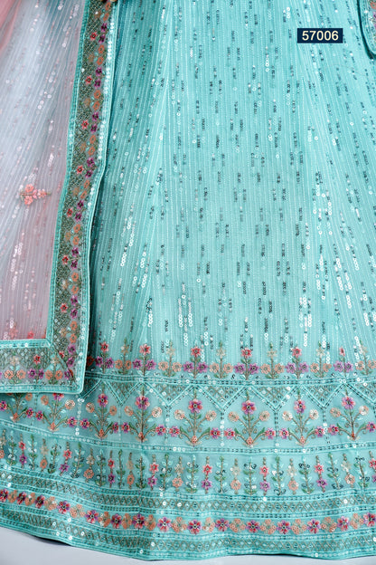 Turquoise Pakistani Georgette Lehenga Choli For Indian Festivals & Weddings - Sequence Embroidery Work, Thread Embroidery Work, Dori Work