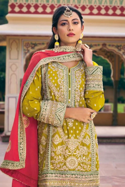 Mustard Chinon Silk Salwar Kameez Suit For Indian Festivals & Weddings - Embroidery Work