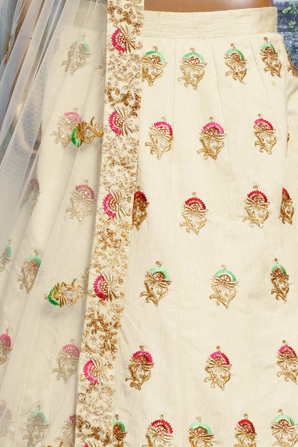 Off White Ghagra Choli for Ladies in Slub Silk with Dori, Zari Work & Sequin
