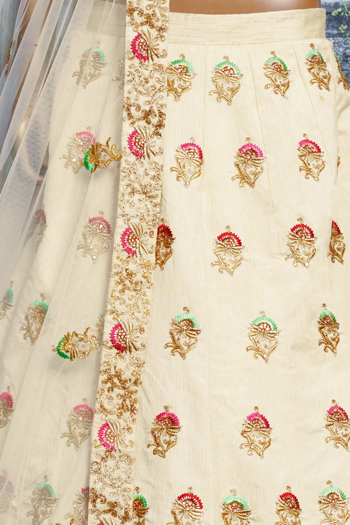 Off White Ghagra Choli for Ladies in Slub Silk with Dori, Zari Work & Sequin