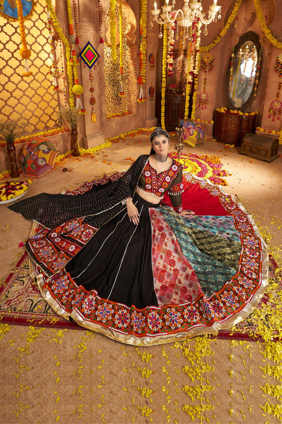 Black Viscose Rayon Chaniya Choli For Navratri Garba Indian Festivals 9 Meter Flair - Embroidery Work, Real Mirror Work, Print Work