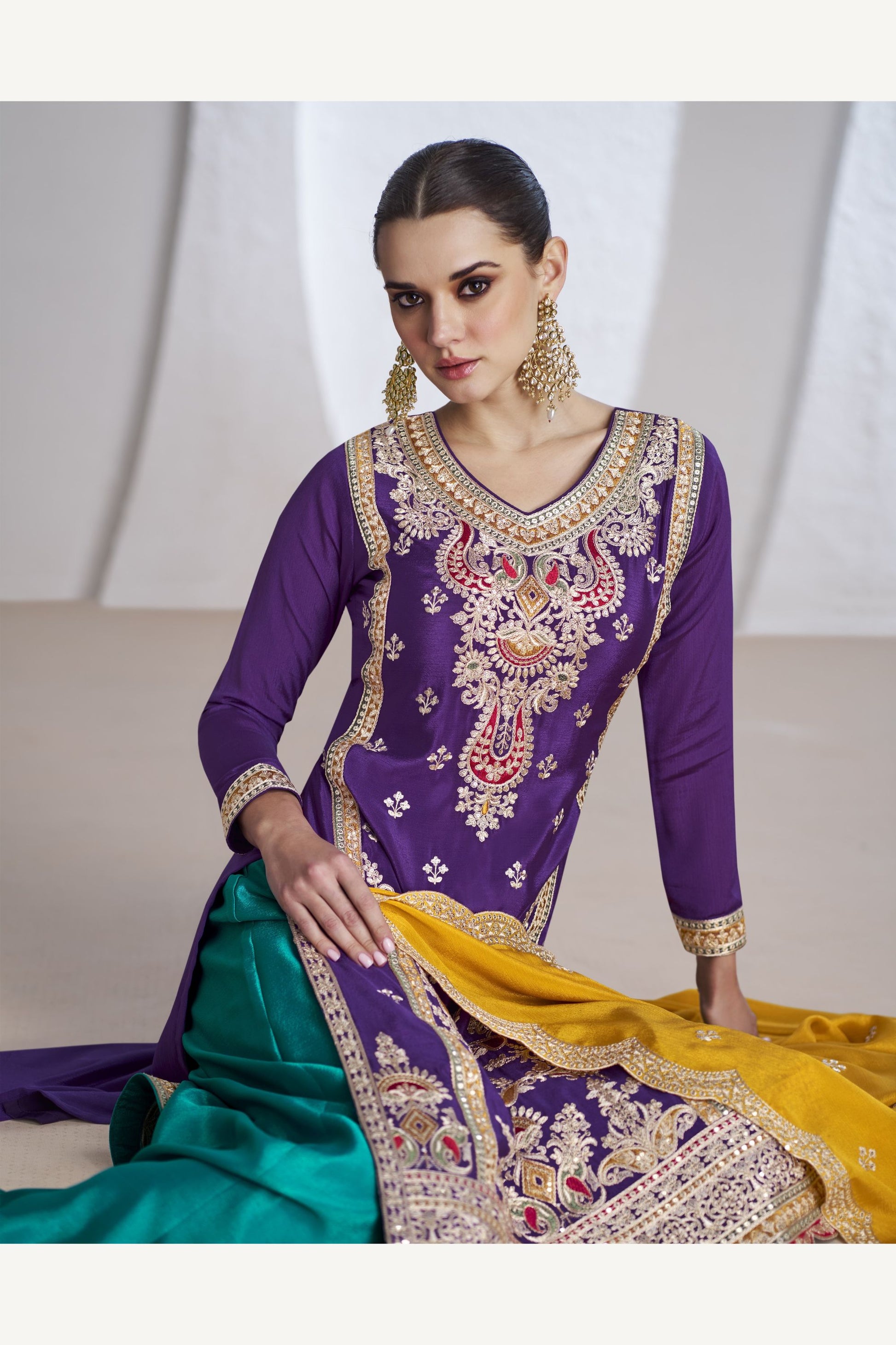 Purple Chinon Silk Palazzo Suit For Indian Weddings & Pakitani Festival - Embroidery Work