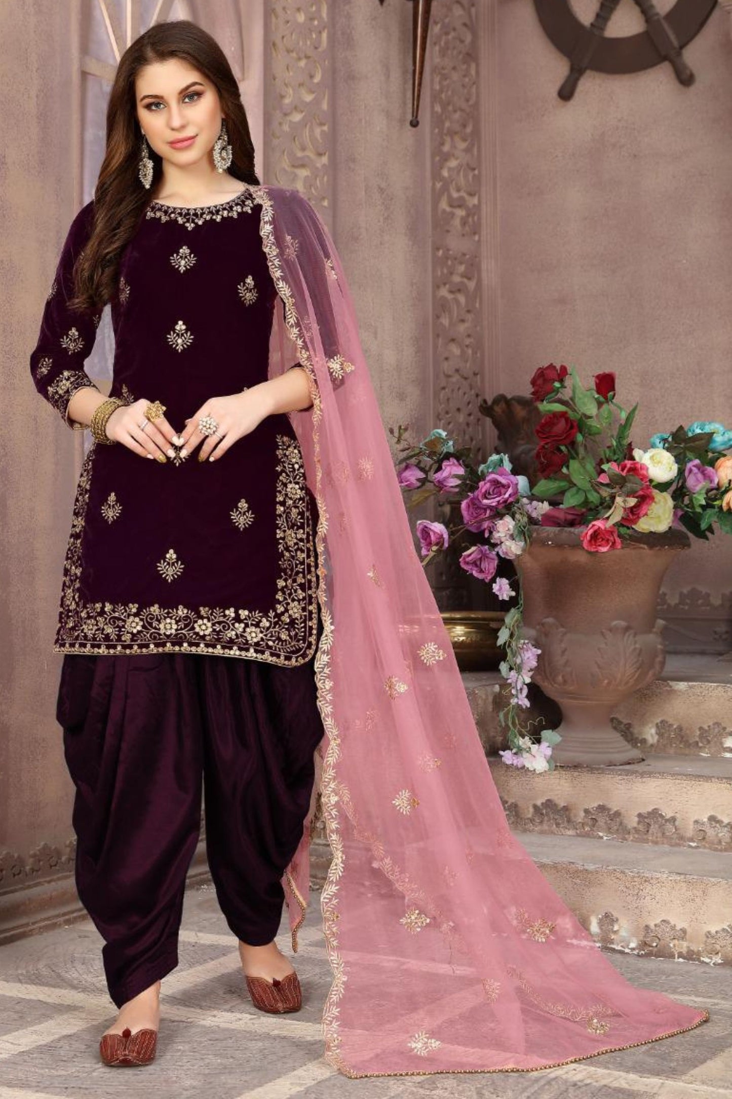 Dark Purple Velvet Kameez With Patiyala Suit For Indian Festivals & Weddings - Embroidery Work