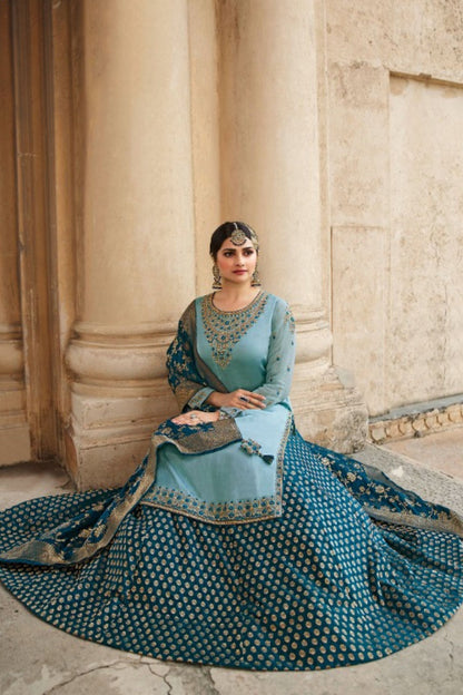 Turquoise Georgette Silk Plus Size Upto 9XL Size Kameez and Skirt Suit For Indian Wedding & Festival - Embroidery Work