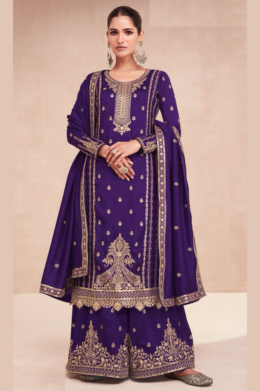 Blue Silk Kameez with Plazo And Dupatta For Indian Suit Festivals & Pakistani Weddings - Embroidery Work