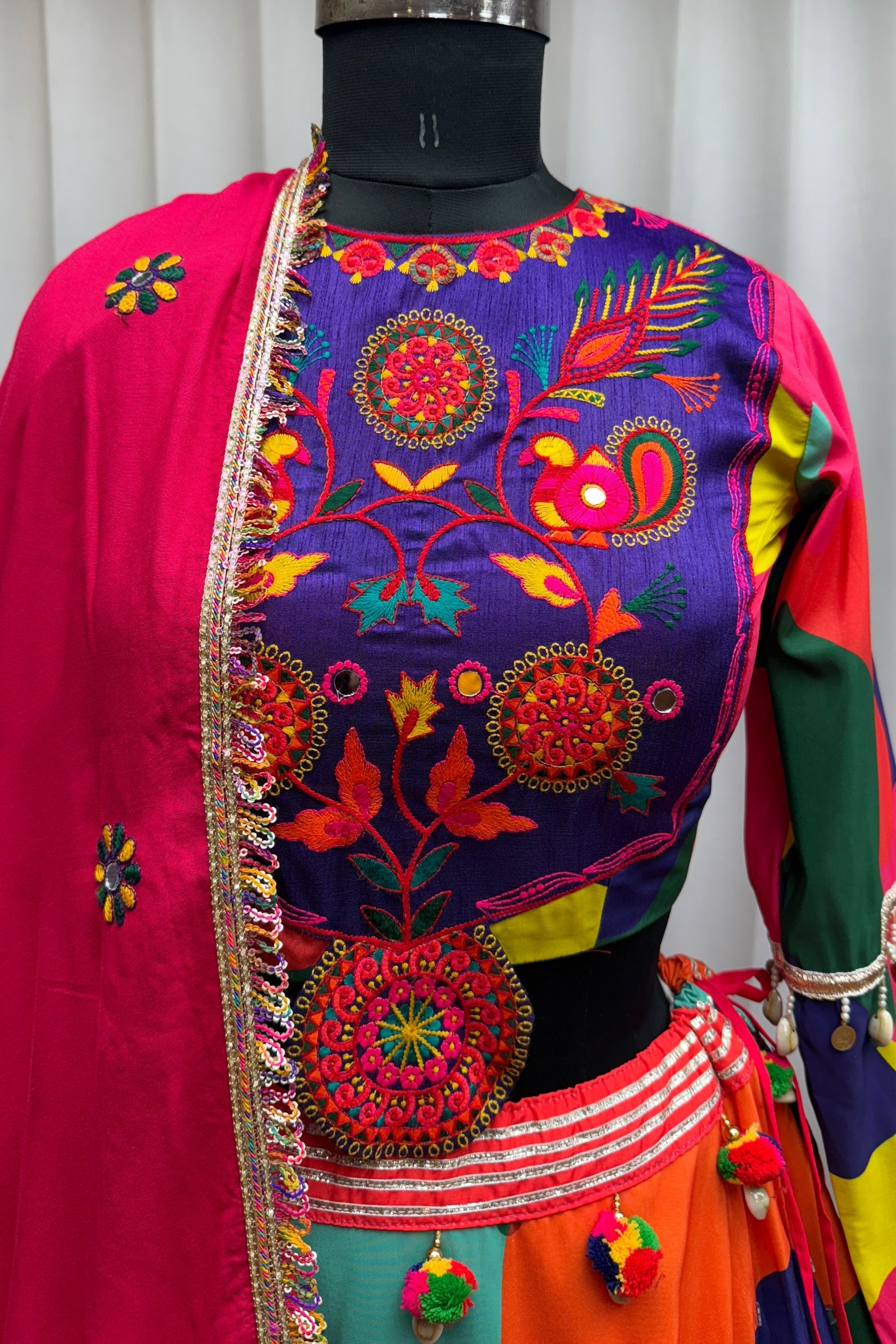 Multicolor Muslin Navratri Chaniya Choli For Garba Indian Festival 8 Meter Flair - Thread Embroidery Work, Real Mirror Work, Print Work