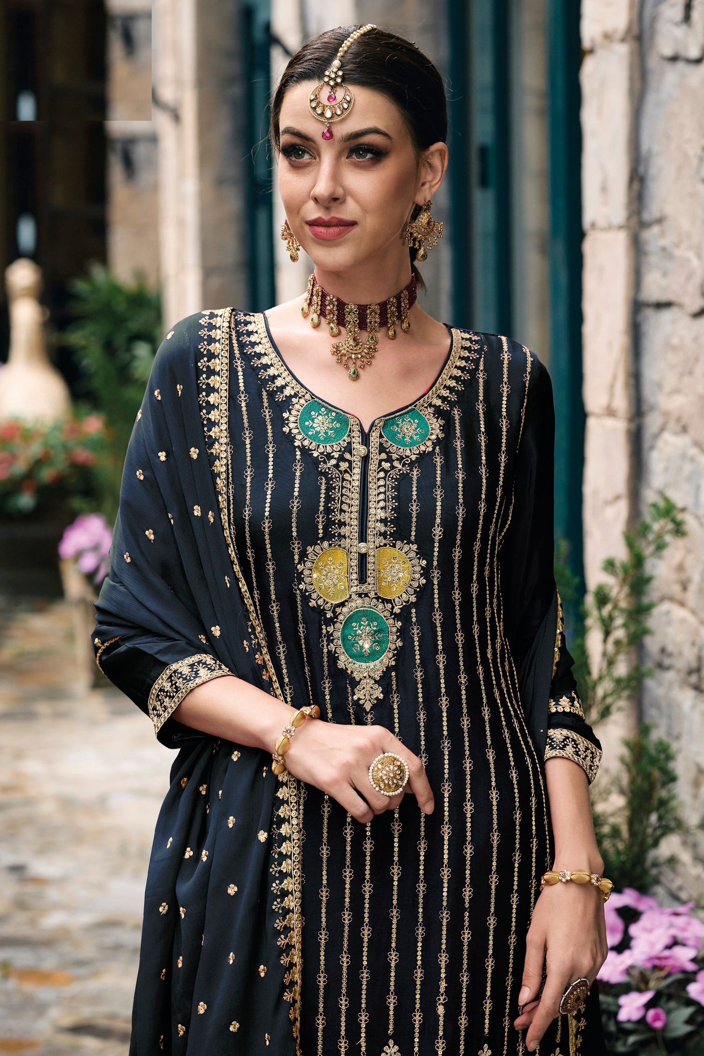 Navy Blue Chinon Silk Kameez with Plazzo And Dupatta For Indian Suit Festivals & Pakistani Weddings - Embroidery Work