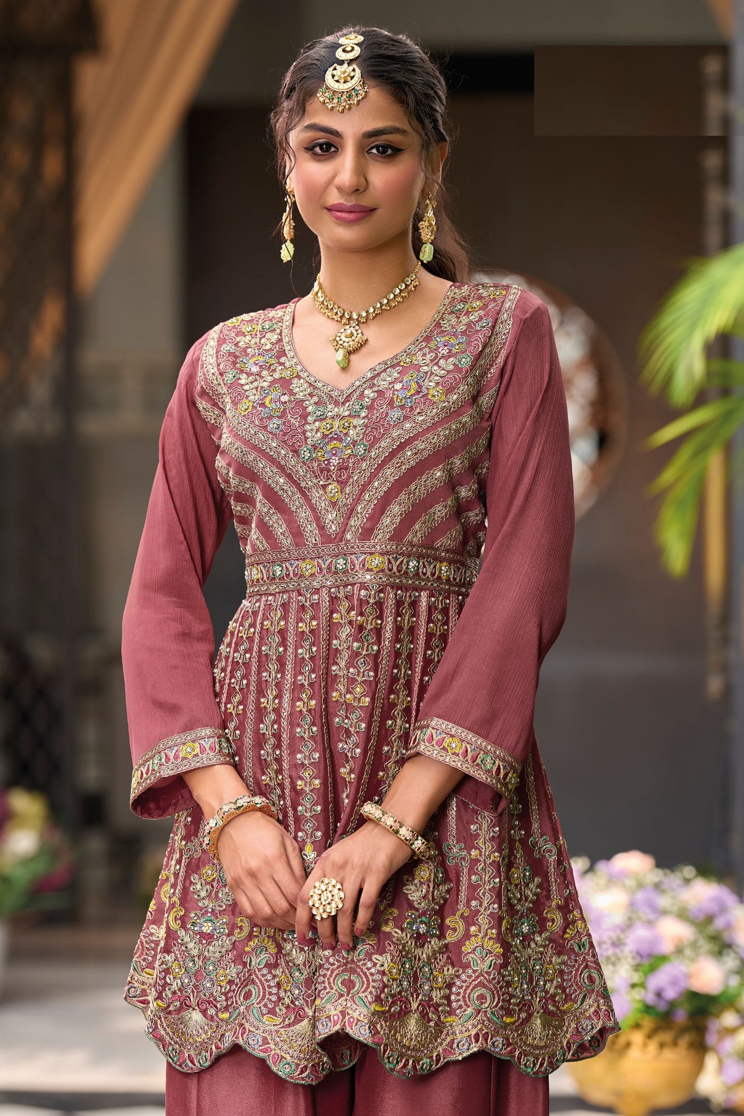 Dark Peach Chinon Silk Kameez with Plazo For Indian Festivals & Weddings - Embroidery Work