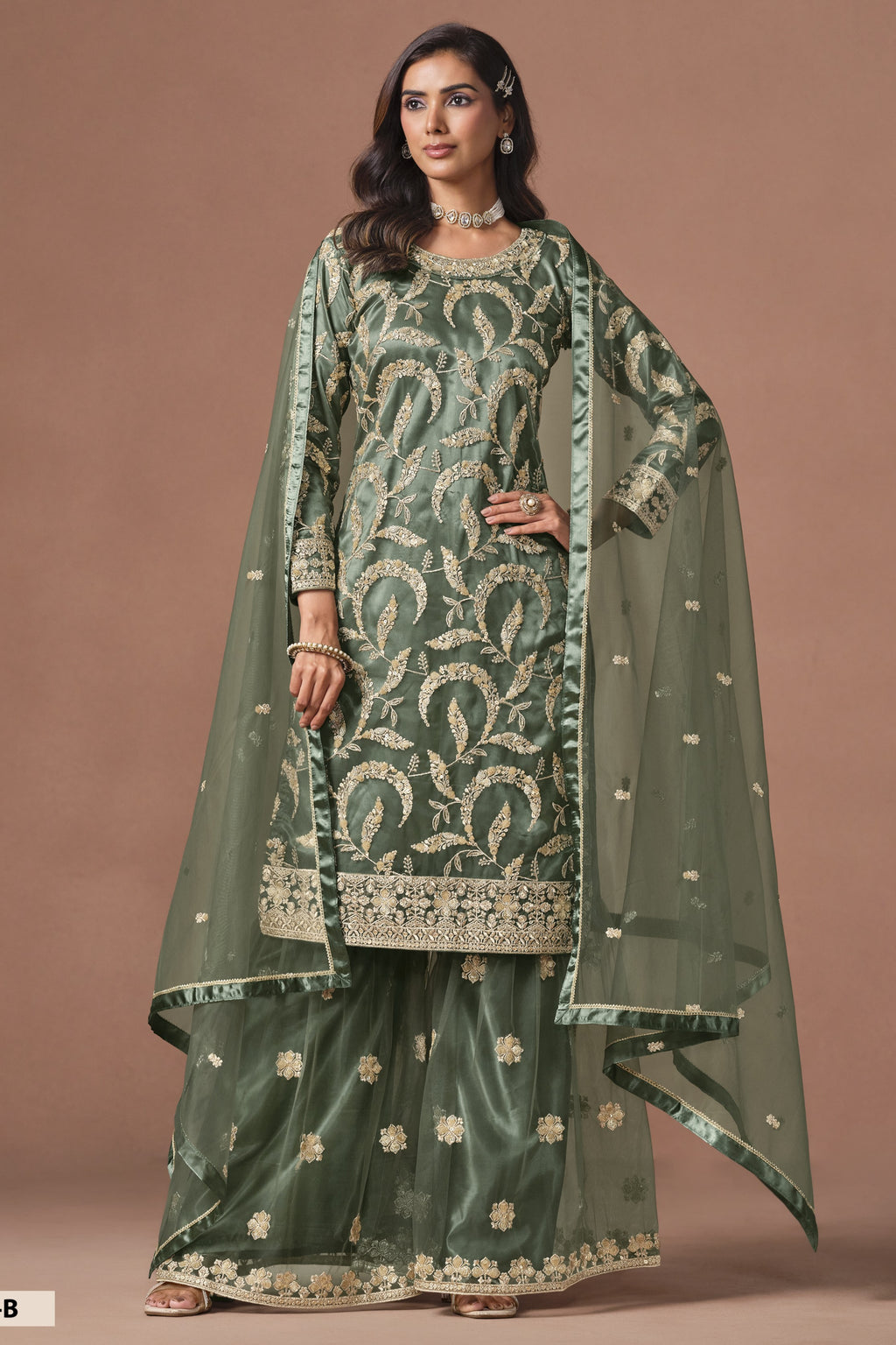 Green Pakistani Mehndi Outfit - Sharara Suit with Embroidery Work