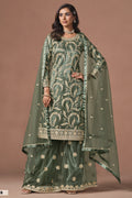 Green Pakistani Mehndi Outfit - Sharara Suit with Embroidery Work